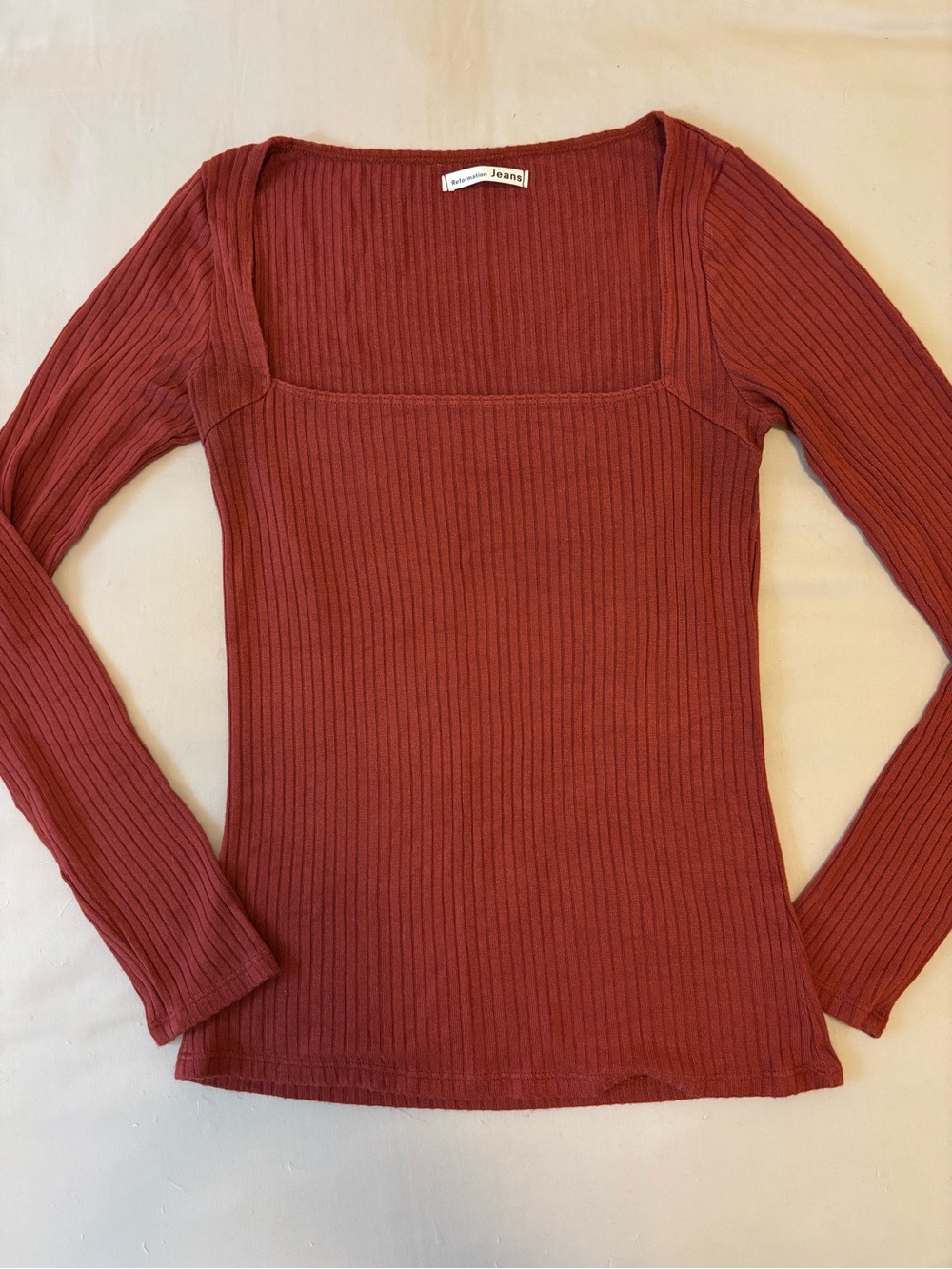 Reformation Jeans Ribbed Square Neck Long Sleeve Top - Rust